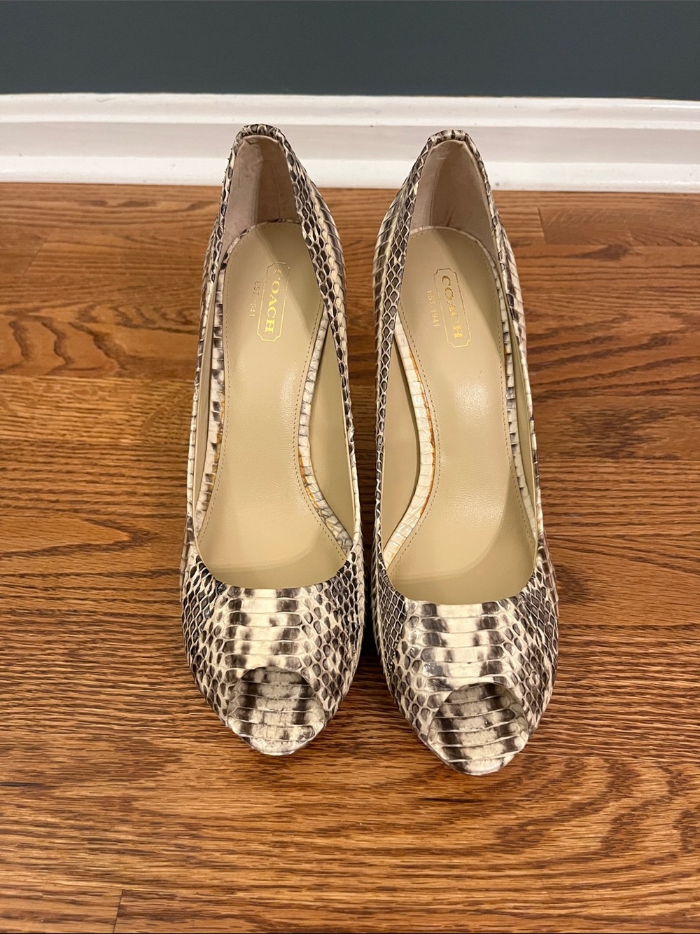 Coach Selma Snake Skin Stiletto Pump Platform Heels Womens 9 Peep Toe Going Out
